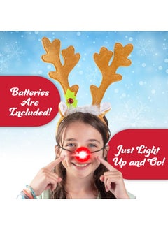 SCS Direct Christmas Holiday Reindeer Antlers Headband w Light Up Nose Costume Deer Rudolph Outfit for Adult Men Women, Kids Party Favor, Barcrawl, Cosplay, Seasonal Gift Exchange, One Size Hair Xmas Accessory  - Image 4