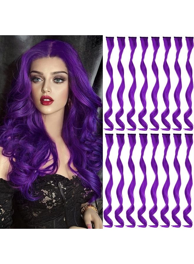 TOFAFA 16 قطعة من وصلات الشعر الملونة، مجعد ومتموج، مشبك في شعر صناعي، خصلات للبنات والنساء والأطفال، ألوان متعددة لتسليط الضوء في الحفلات (أرجواني) - Image 1