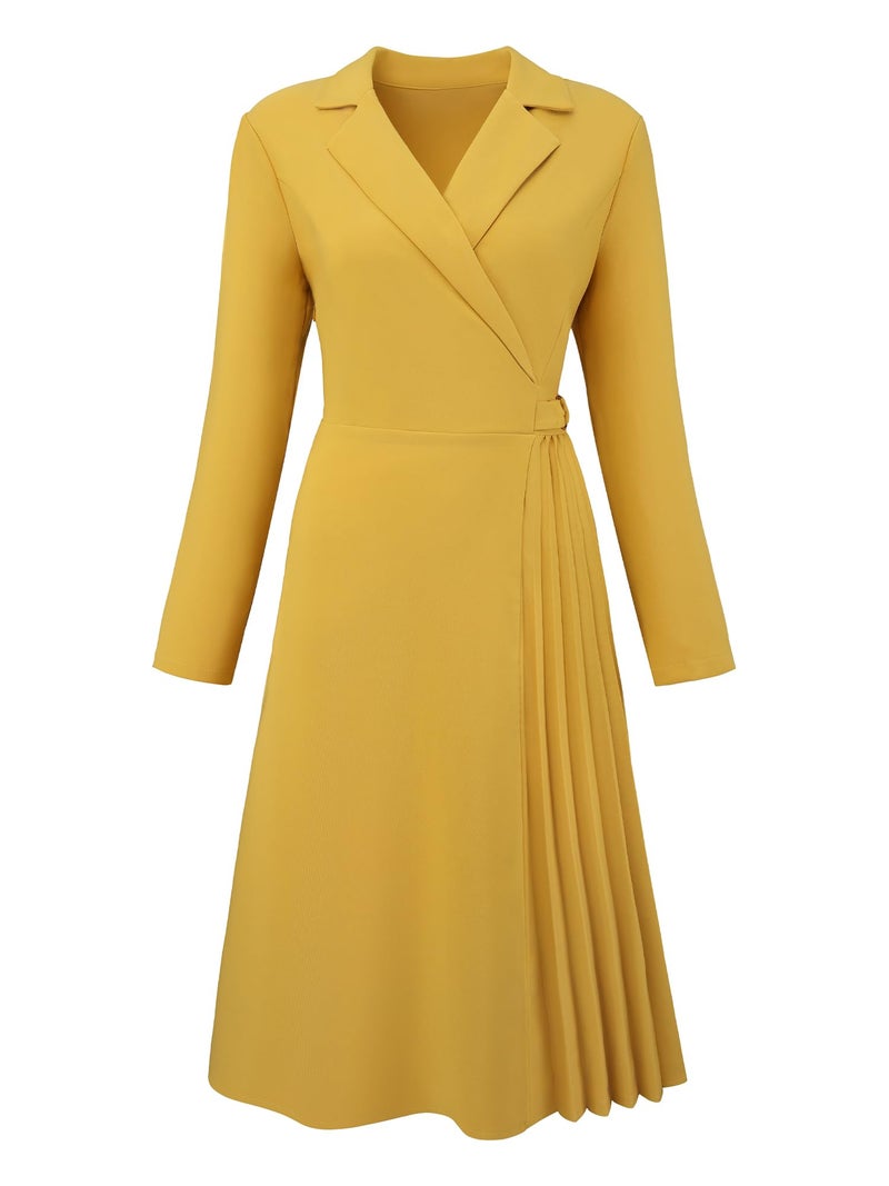 Hobemty Women's Notch Lapel Wrap Neck Dress Long Sleeve A-Line Midi Pleated Dresses Large Yellow - Image 1