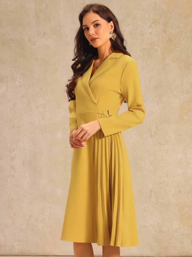 Hobemty Women's Notch Lapel Wrap Neck Dress Long Sleeve A-Line Midi Pleated Dresses Large Yellow - Image 2