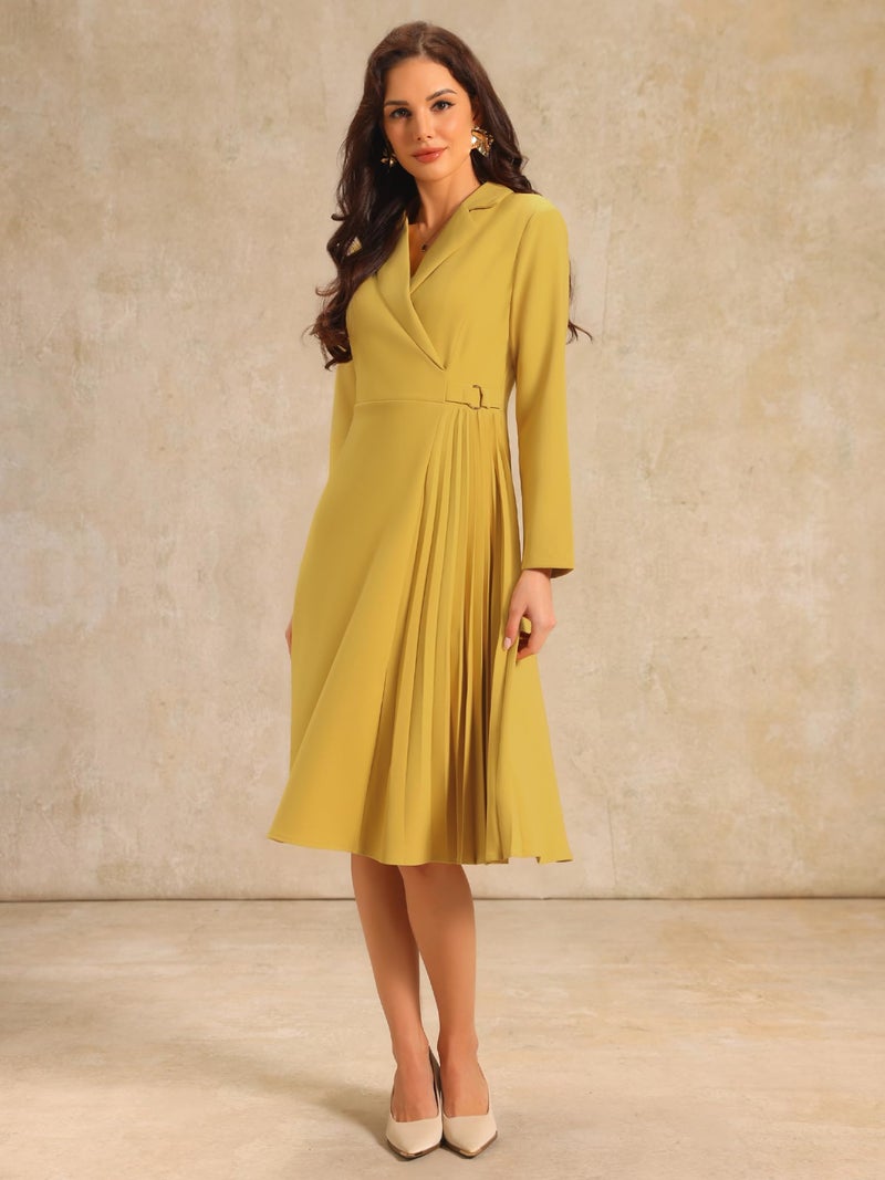 Hobemty Women's Notch Lapel Wrap Neck Dress Long Sleeve A-Line Midi Pleated Dresses Large Yellow - Image 3