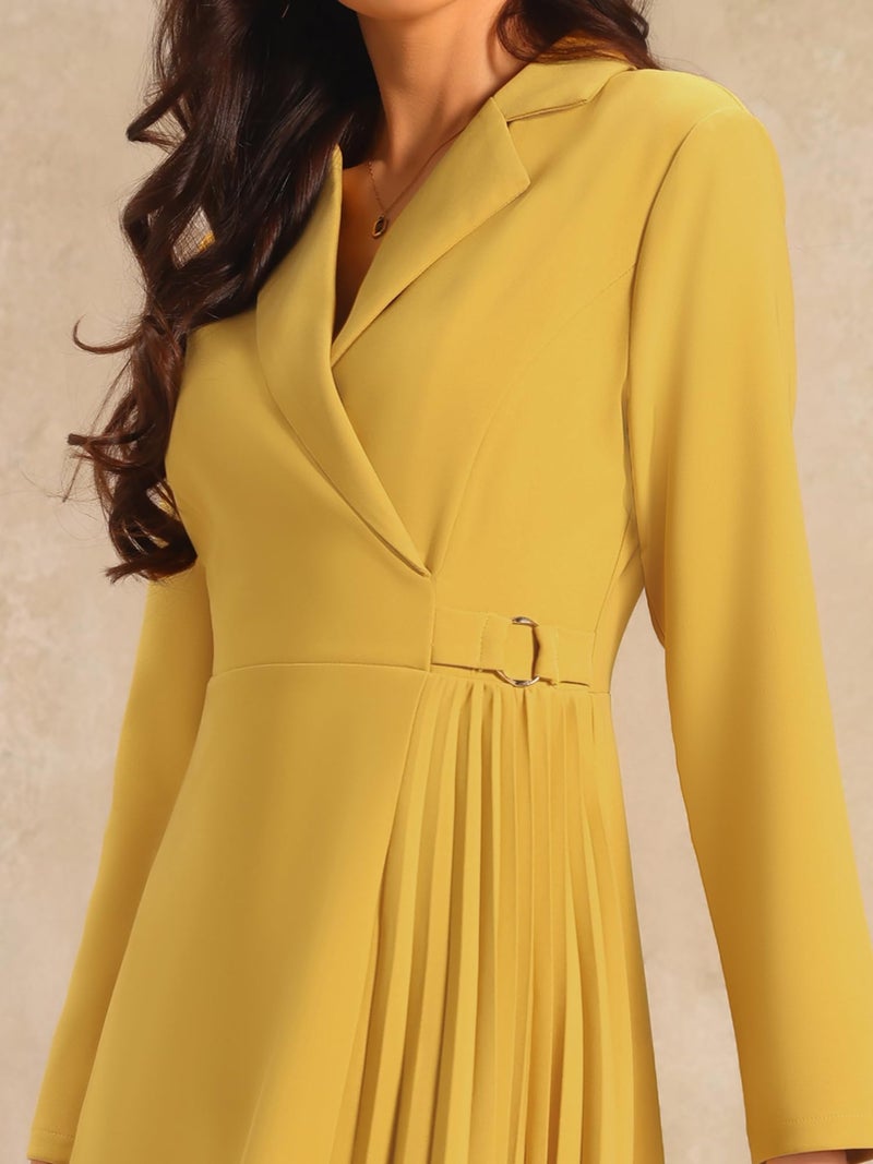 Hobemty Women's Notch Lapel Wrap Neck Dress Long Sleeve A-Line Midi Pleated Dresses Large Yellow - Image 4