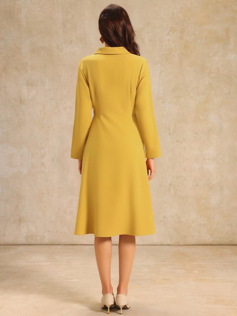 Hobemty Women's Notch Lapel Wrap Neck Dress Long Sleeve A-Line Midi Pleated Dresses Large Yellow - Image 5