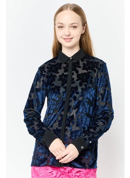 Harmont & Blaine Women Spread Collar Long Sleeves Textured Blouse, Navy  - Image 1