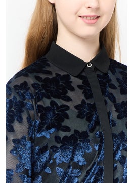Harmont & Blaine Women Spread Collar Long Sleeves Textured Blouse, Navy  - Image 4