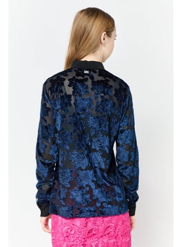 Harmont & Blaine Women Spread Collar Long Sleeves Textured Blouse, Navy  - Image 2