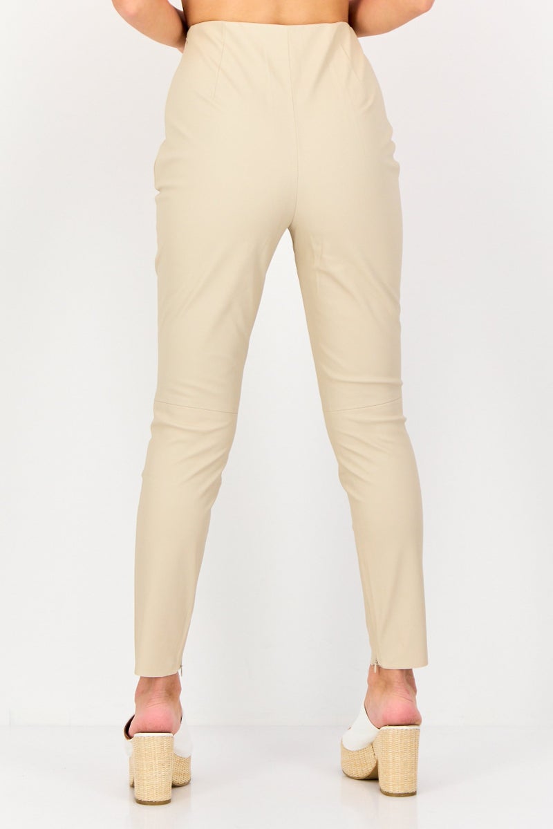 NA-KD Women High Waist Solid Leather Leggings, Beige - Image 3