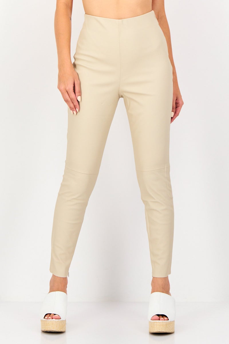 NA-KD Women High Waist Solid Leather Leggings, Beige - Image 1