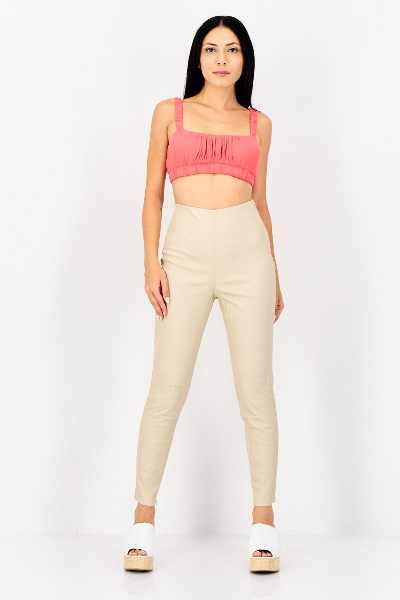 NA-KD Women High Waist Solid Leather Leggings, Beige - Image 4