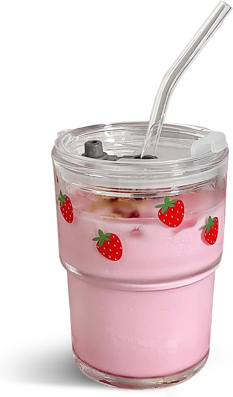 Olvini 13oz Glass Tumbler with Straw and Lid, Reusable Iced Coffee Cup Tumbler, Cute Glass Cups for Water, Matcha, Travel Coffee Mugs (Strawberry - 13oz) - Image 1