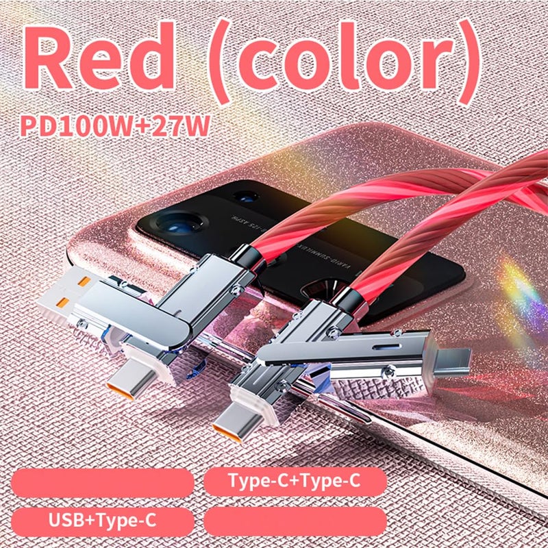 IHAO كابل شاحن IHAO متعدد المنافذ 4 تركيبات في كابل واحد USBA/USBC إلى USB C سريع الشحن مع إضاءة LED متدفقة متوافق مع معظم الأجهزة الكهربائية - 39 بوصة أحمر - Image 2