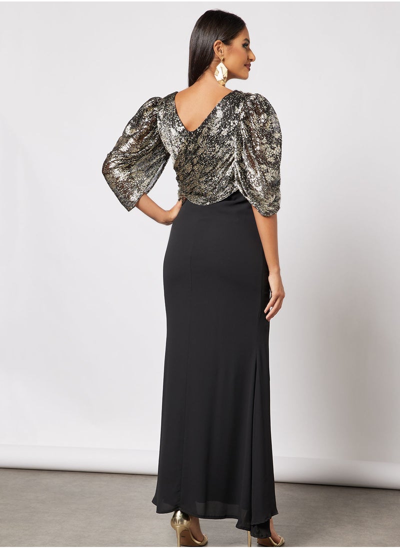 Zoey - Foil Print Textured Bodice Dress - Image 1