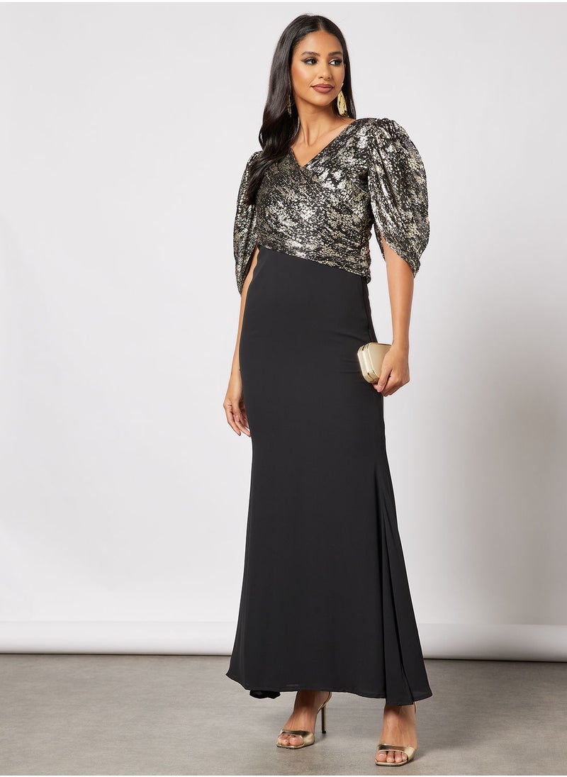 Zoey - Foil Print Textured Bodice Dress - Image 1