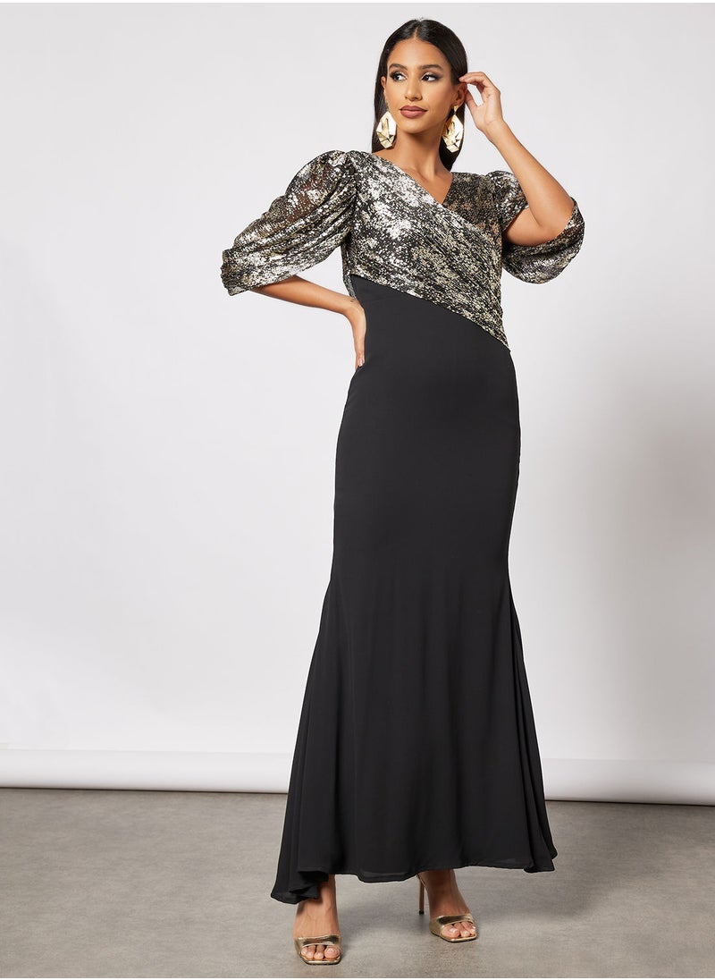 Zoey - Foil Print Textured Bodice Dress - Image 1