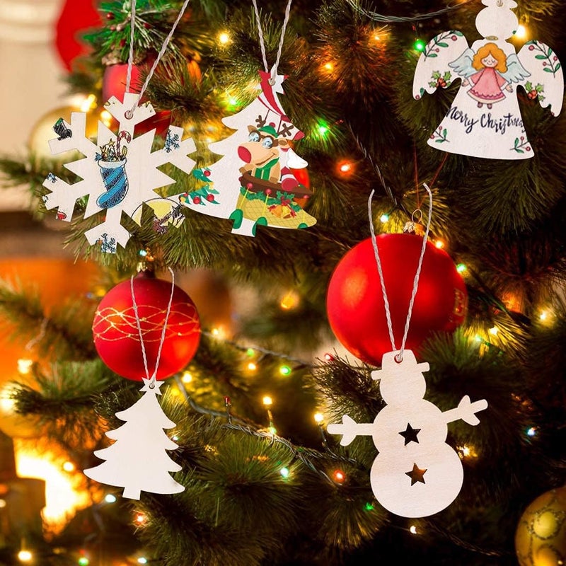 Max Fun 100PCS DIY Wooden Christmas Ornaments Unfinished Predrilled Wood Circles for Crafts Centerpieces Holiday Hanging Decorations in 10 Shapes - Image 5