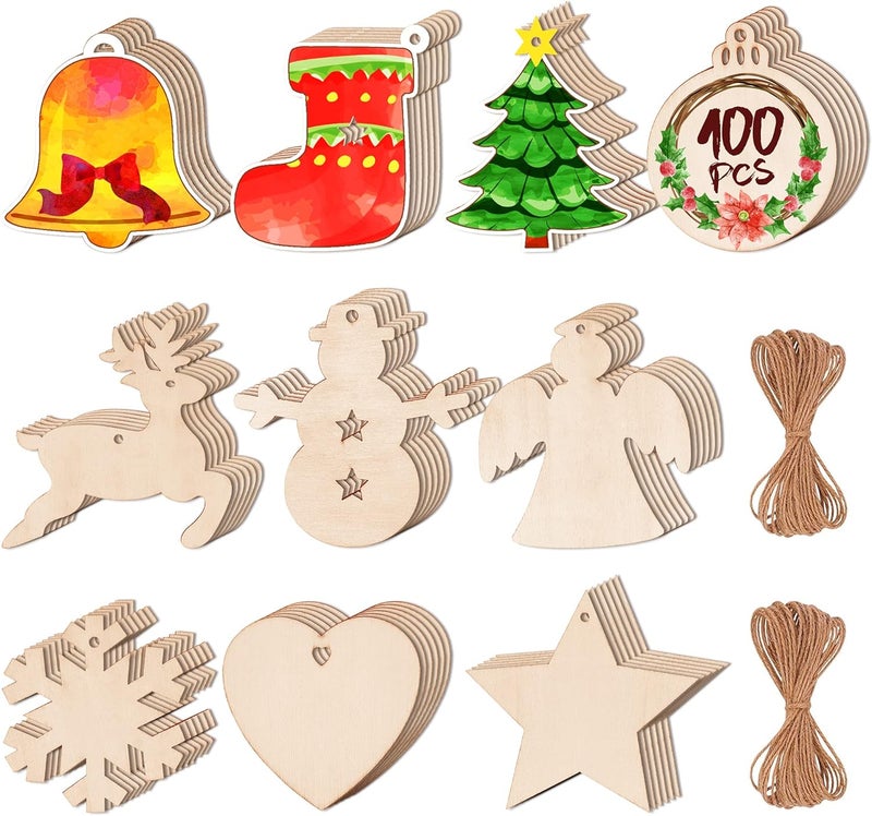 Max Fun 100PCS DIY Wooden Christmas Ornaments Unfinished Predrilled Wood Circles for Crafts Centerpieces Holiday Hanging Decorations in 10 Shapes - Image 1