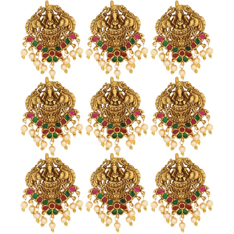 JWELLA Set of 9 Lakshmi Temple Design Choti Pins with Red & Green Enamel and Pearl Drops Traditional Juda Accessories for Bridal & Festive Hairstyles (Design 3) - Image 1
