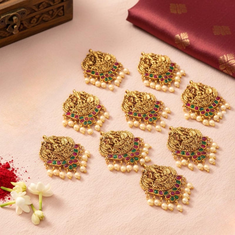 JWELLA Set of 9 Lakshmi Temple Design Choti Pins with Red & Green Enamel and Pearl Drops Traditional Juda Accessories for Bridal & Festive Hairstyles (Design 3) - Image 2