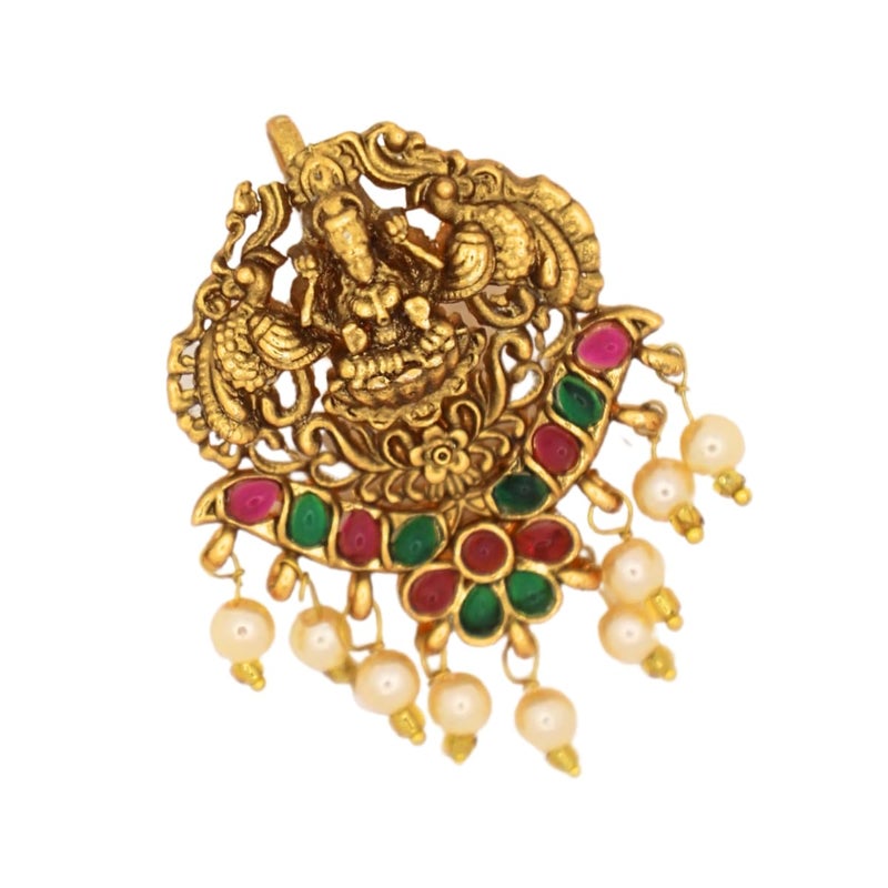 JWELLA Set of 9 Lakshmi Temple Design Choti Pins with Red & Green Enamel and Pearl Drops Traditional Juda Accessories for Bridal & Festive Hairstyles (Design 3) - Image 5