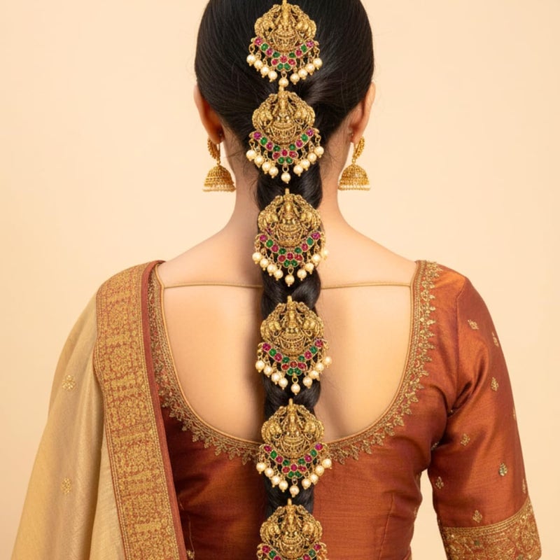 JWELLA Set of 9 Lakshmi Temple Design Choti Pins with Red & Green Enamel and Pearl Drops Traditional Juda Accessories for Bridal & Festive Hairstyles (Design 3) - Image 3