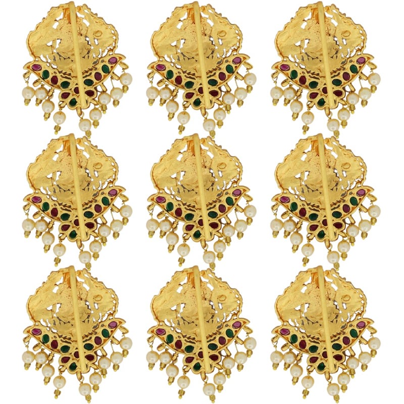 JWELLA Set of 9 Lakshmi Temple Design Choti Pins with Red & Green Enamel and Pearl Drops Traditional Juda Accessories for Bridal & Festive Hairstyles (Design 3) - Image 4
