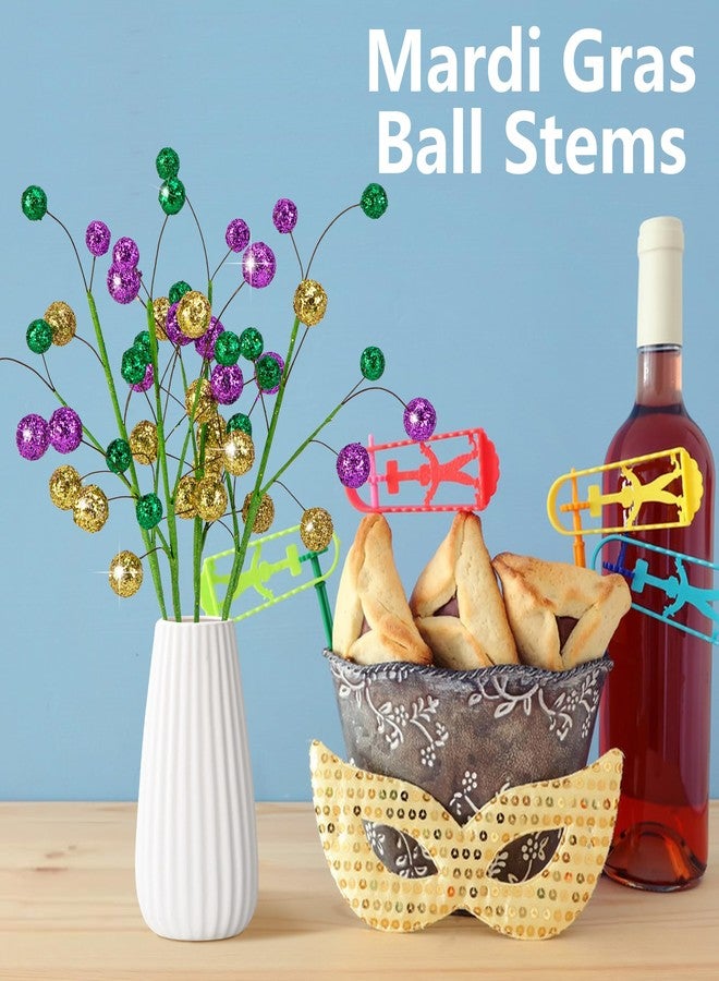 Watayo 4 Pcs Mardi Gras Ball Centerpiece Stems- 15" Mardi Gras Artificial Glitter Berry Stems Ornaments- Shiny Purple Gold Green Berry Branches Twigs Picks Sprays for Carnival Party Home Decoration - Image 3