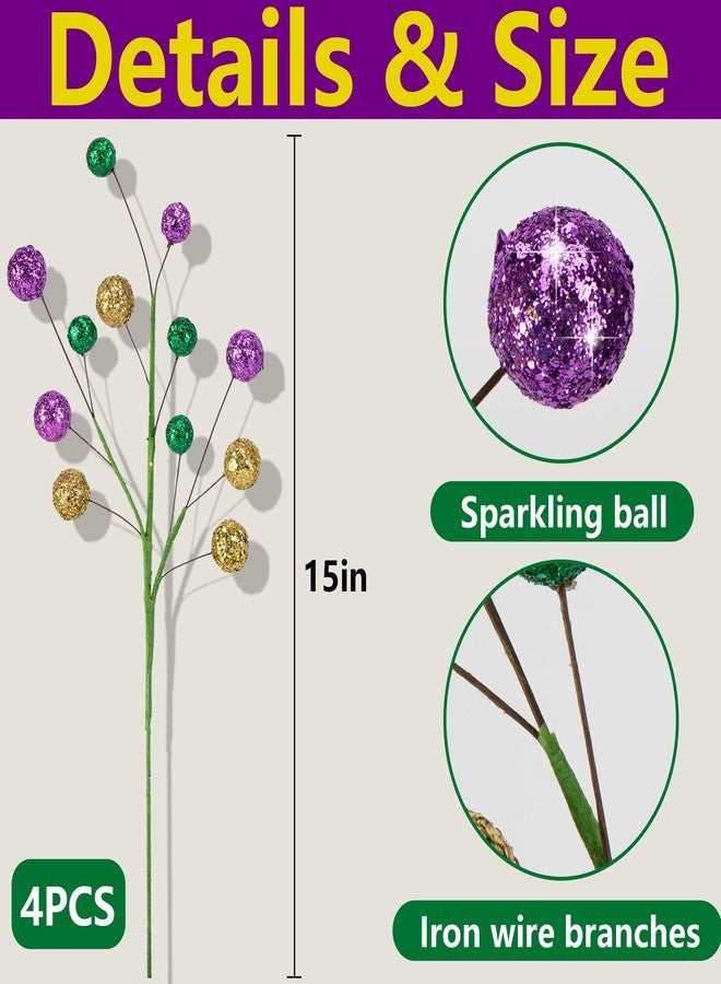 Watayo 4 Pcs Mardi Gras Ball Centerpiece Stems- 15" Mardi Gras Artificial Glitter Berry Stems Ornaments- Shiny Purple Gold Green Berry Branches Twigs Picks Sprays for Carnival Party Home Decoration - Image 2