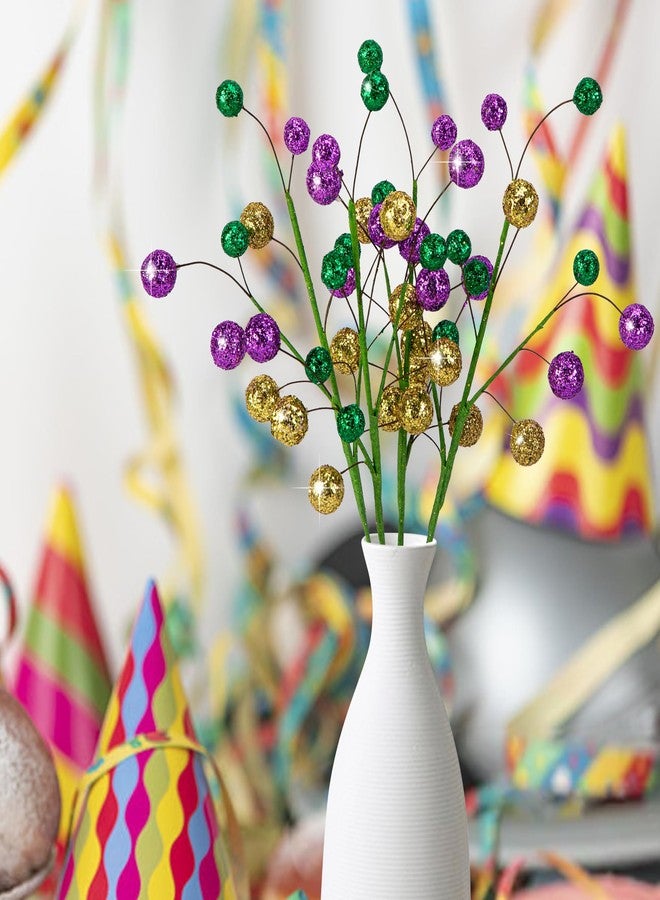 Watayo 4 Pcs Mardi Gras Ball Centerpiece Stems- 15" Mardi Gras Artificial Glitter Berry Stems Ornaments- Shiny Purple Gold Green Berry Branches Twigs Picks Sprays for Carnival Party Home Decoration - Image 4
