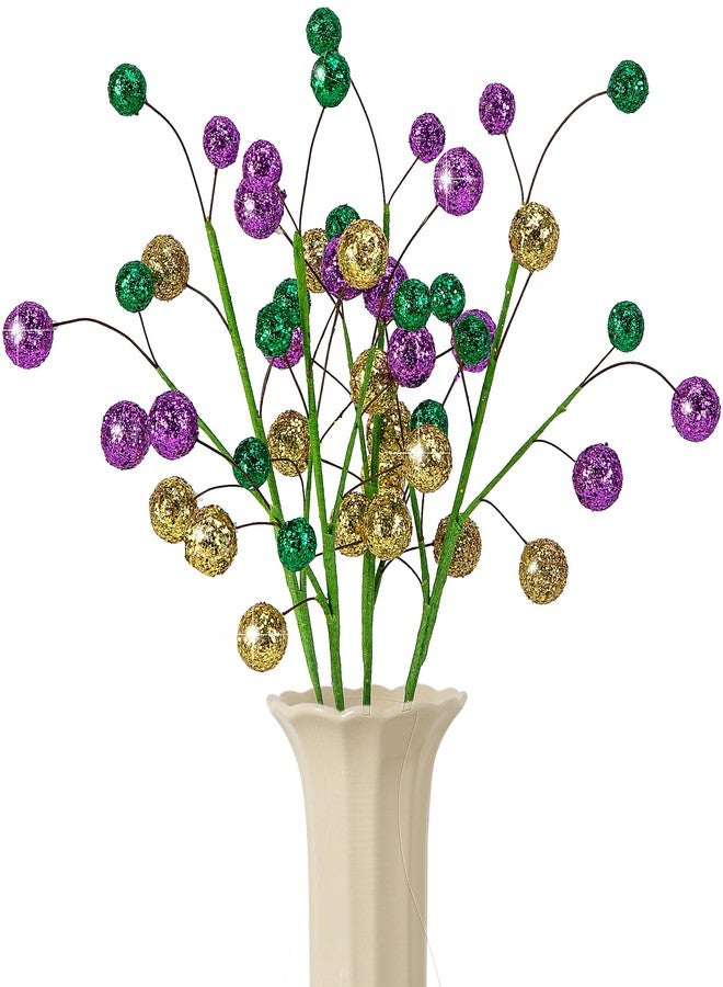 Watayo 4 Pcs Mardi Gras Ball Centerpiece Stems- 15" Mardi Gras Artificial Glitter Berry Stems Ornaments- Shiny Purple Gold Green Berry Branches Twigs Picks Sprays for Carnival Party Home Decoration - Image 1