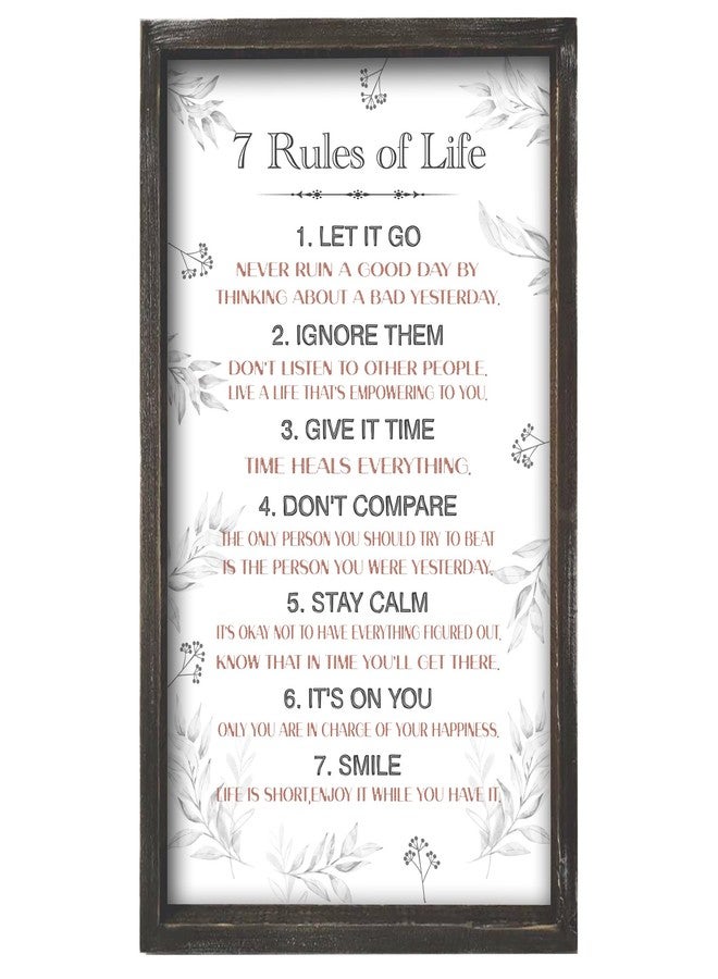 EXQUIDECA Positive 7 Rules of Life Wall Decor Sign - Affirmation Inspirational Life Attitude Plaque Solid Wood 16x9.5 Inches Vertical- Farmhouse Motivational Framed Signs for Living Room,Bedroom Hanging - Image 1