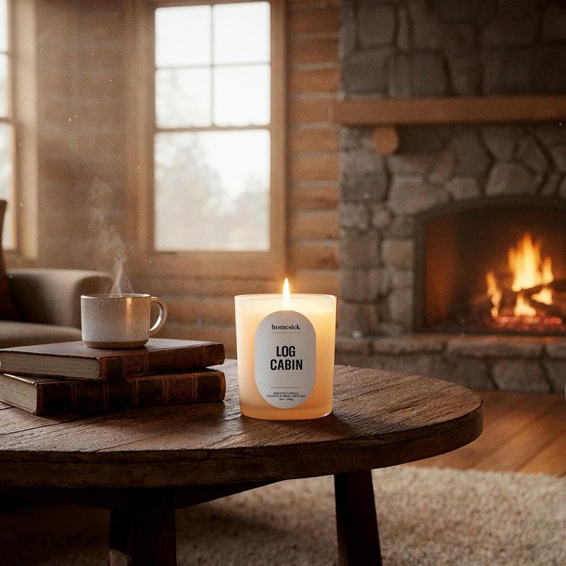 Homesick Log Cabin Scented Candle – 13.75 oz Non-Toxic, Natural Soy Wax in Cozy Amber & Smooth Tonka Bean Scent, Organic Cotton Wick, 60-Hour Burn, Engagement Gifts for Couples in Reusable Jar - Image 2