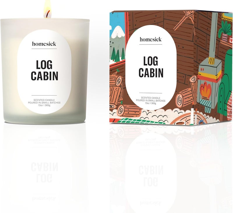 Homesick Log Cabin Scented Candle – 13.75 oz Non-Toxic, Natural Soy Wax in Cozy Amber & Smooth Tonka Bean Scent, Organic Cotton Wick, 60-Hour Burn, Engagement Gifts for Couples in Reusable Jar - Image 1