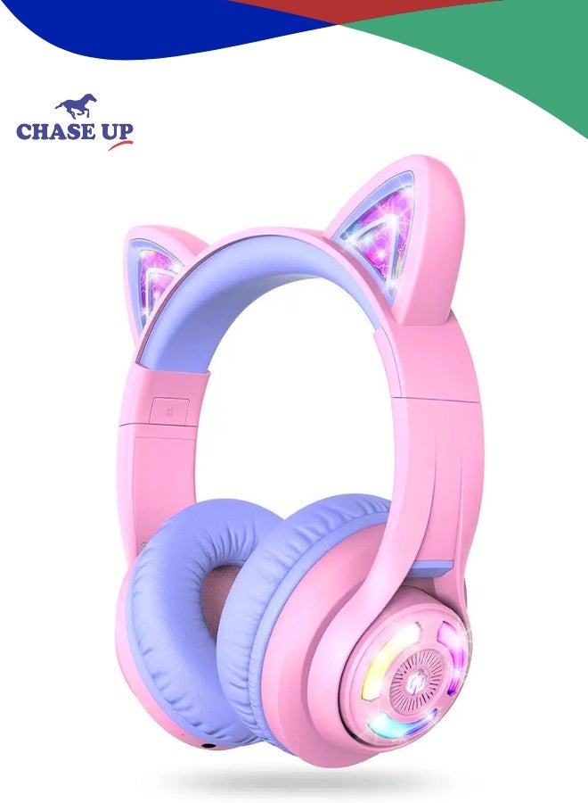 تشيس اب سماعات رأس بلوتوث للأطفال BTH13، سماعات رأس لاسلكية للأطفال مزودة بإضاءة LED على شكل أذن قطة مع مستوى صوت محدود (74/85 ديسيبل)، وقت تشغيل 50 ساعة، سماعات رأس للأطفال مع ميكروفون فوق الأذن للمدرسة/الكمبيوتر اللوحي/الكمبيوتر الشخصي