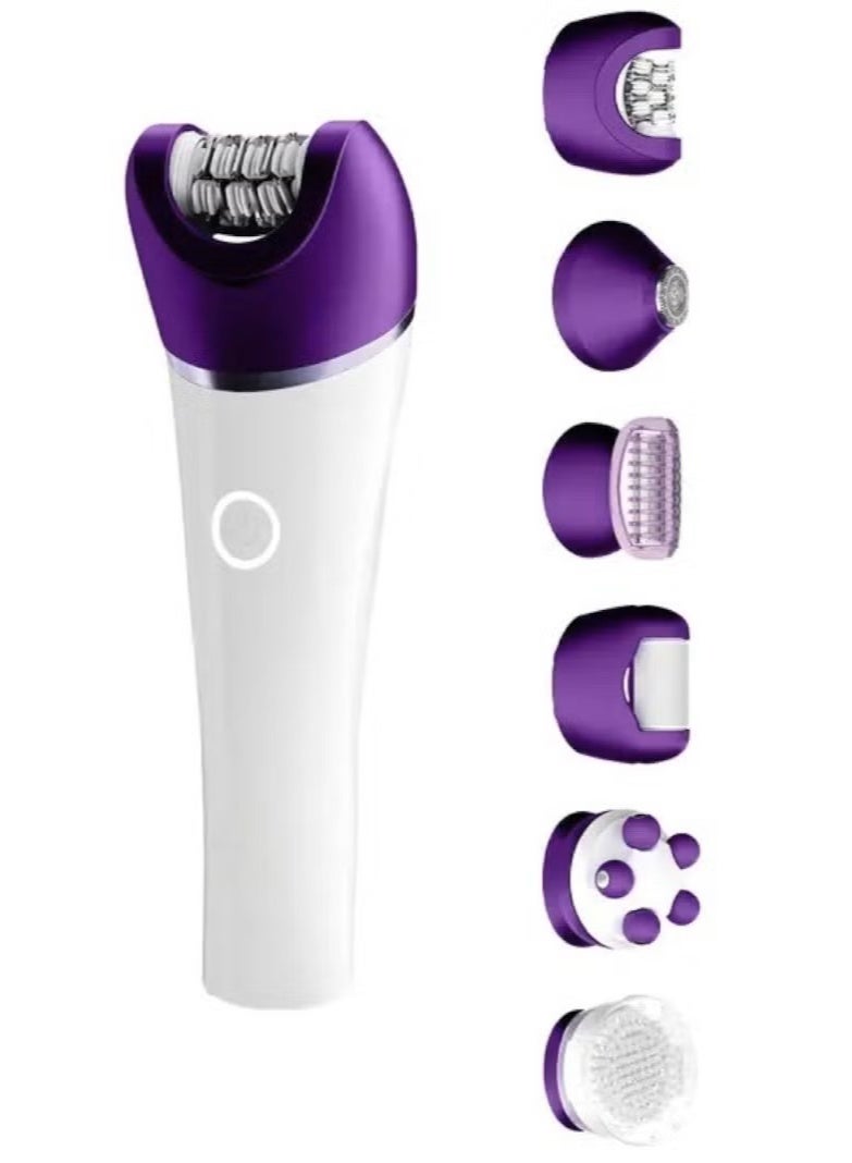 Denx 6-in-1 Cordless Rechargeable Epilator for Women with Dual Speed LED Light Shaver Callus Remover Massage and Facial Cleaning Heads for Legs and Arms - Image 1