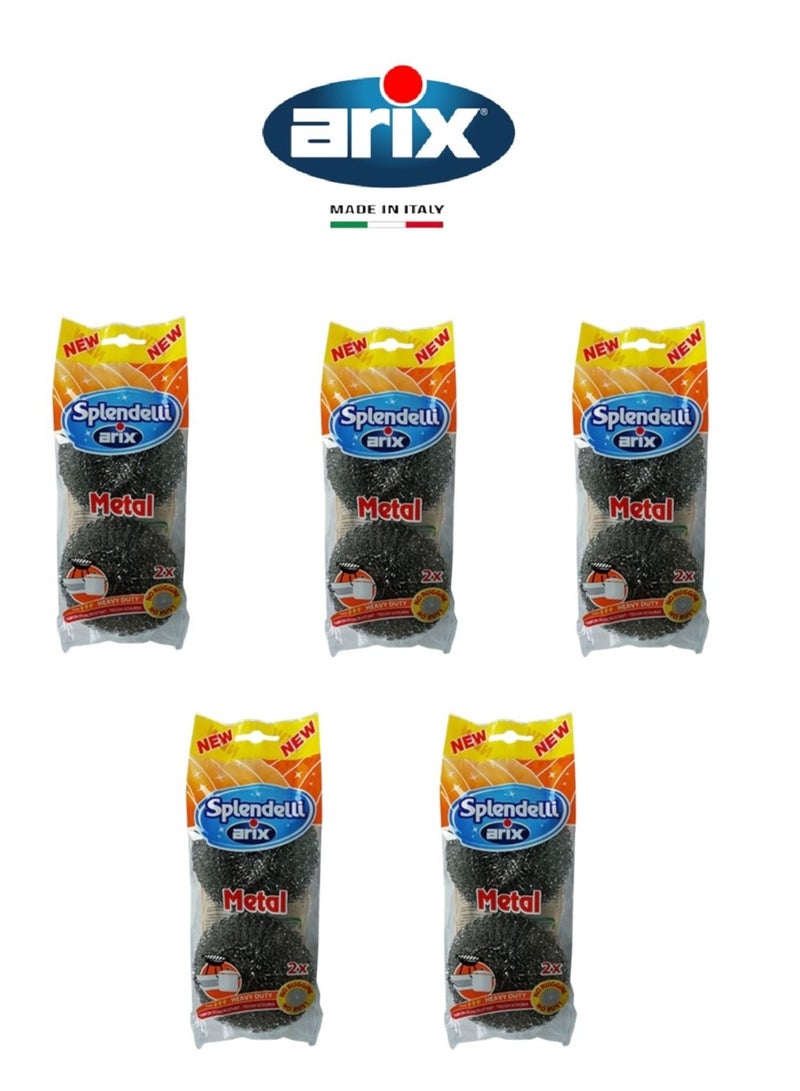 أريكس-سبلينديلي سلك تنظيف معدني من الفولاذ المقاوم للصدأ – عبوة من 5 × 2 قطعة (إجمالي 10 سلك تنظيف) | قوي جدًا وخالي من الصدأ للاستخدام الثقيل