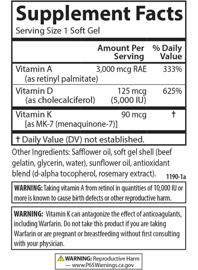 Carlson - Vitamins A, D3, K2, 3000 Mcg Rae Vitamin A, 125 Mcg Vitamin D3, 90 Mcg Vitamin K2 As Mk-7, Bone Building, Calcium Utilization, 60 Soft Gels - Image 4