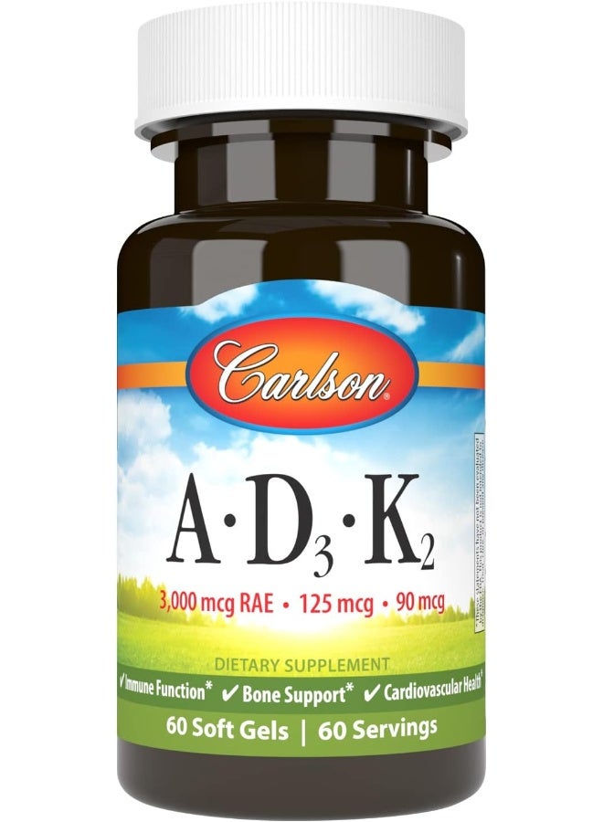 Carlson - Vitamins A, D3, K2, 3000 Mcg Rae Vitamin A, 125 Mcg Vitamin D3, 90 Mcg Vitamin K2 As Mk-7, Bone Building, Calcium Utilization, 60 Soft Gels - Image 1