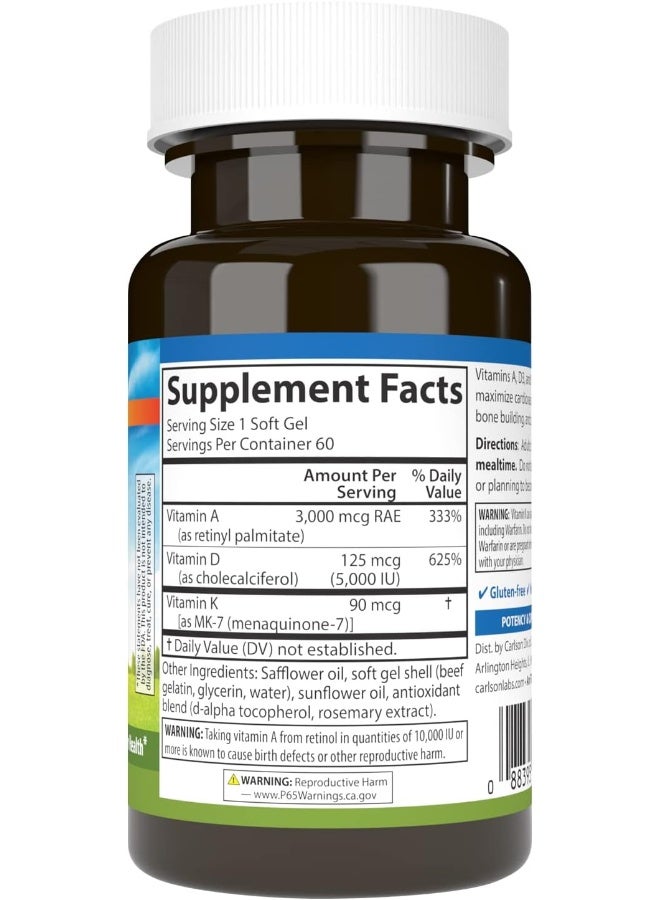 Carlson - Vitamins A, D3, K2, 3000 Mcg Rae Vitamin A, 125 Mcg Vitamin D3, 90 Mcg Vitamin K2 As Mk-7, Bone Building, Calcium Utilization, 60 Soft Gels - Image 2