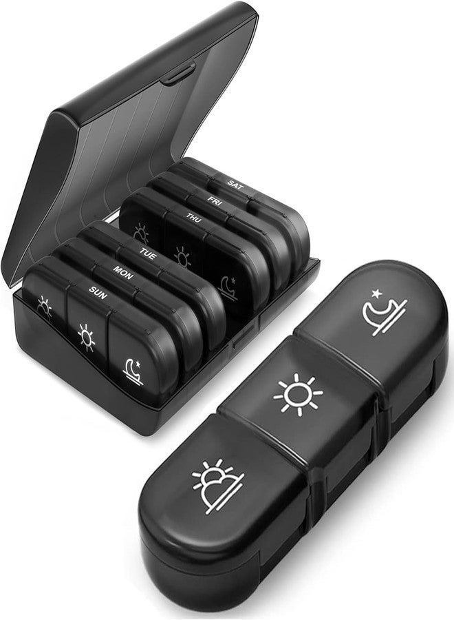Nuvex Weekly Pill Organizer 3 Times a Day | 7-Day Large Travel Pill Box with Moisture-Proof Compartments for Vitamins, Medications, Fish Oil & Supplements Pill Dispenser Travel Pill Case (Black - Image 1