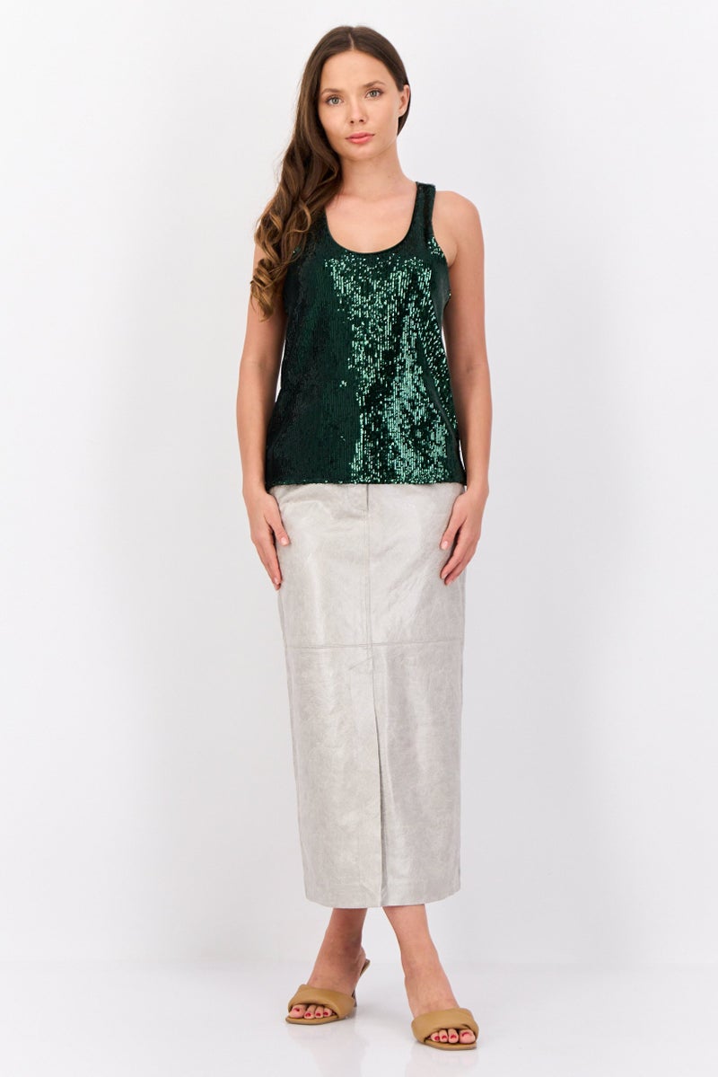 ESPRIT بلوزة نسائية بدون أكمام بياقة دائرية مزينة بالخرز، خضراء - Image 2