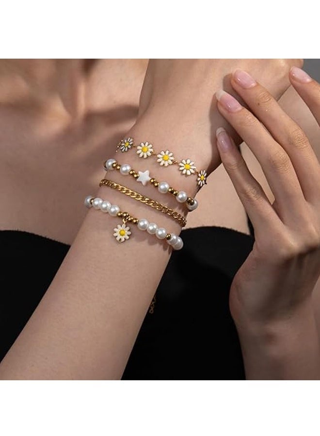 4PCS BLING Layered Pearl Stretch Bracelets Set for Women Daisy Flower Heart Star Simulated Pearl Stackable Elastic Bracelets Chunky Beaded Ball Adjustable Multilayer Bangles Wedding Jewelry - Image 3