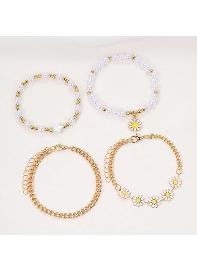 4PCS BLING Layered Pearl Stretch Bracelets Set for Women Daisy Flower Heart Star Simulated Pearl Stackable Elastic Bracelets Chunky Beaded Ball Adjustable Multilayer Bangles Wedding Jewelry - Image 4