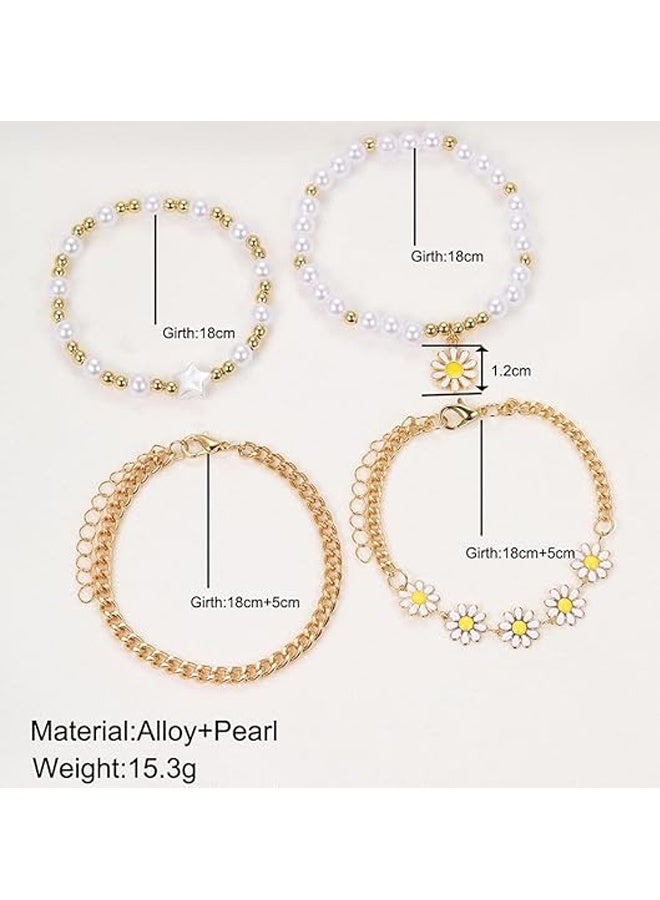 4PCS BLING Layered Pearl Stretch Bracelets Set for Women Daisy Flower Heart Star Simulated Pearl Stackable Elastic Bracelets Chunky Beaded Ball Adjustable Multilayer Bangles Wedding Jewelry - Image 5
