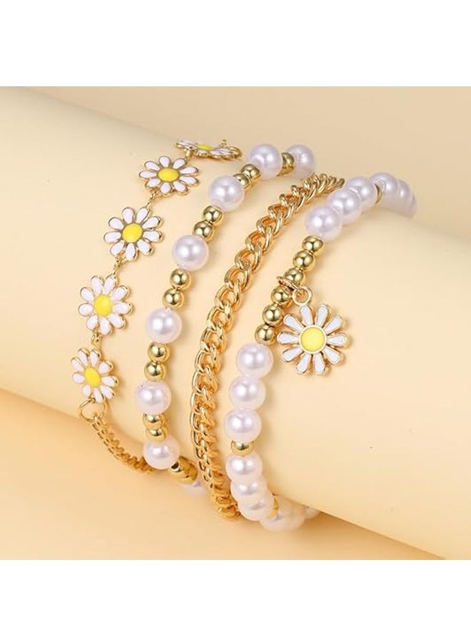 4PCS BLING Layered Pearl Stretch Bracelets Set for Women Daisy Flower Heart Star Simulated Pearl Stackable Elastic Bracelets Chunky Beaded Ball Adjustable Multilayer Bangles Wedding Jewelry - Image 2