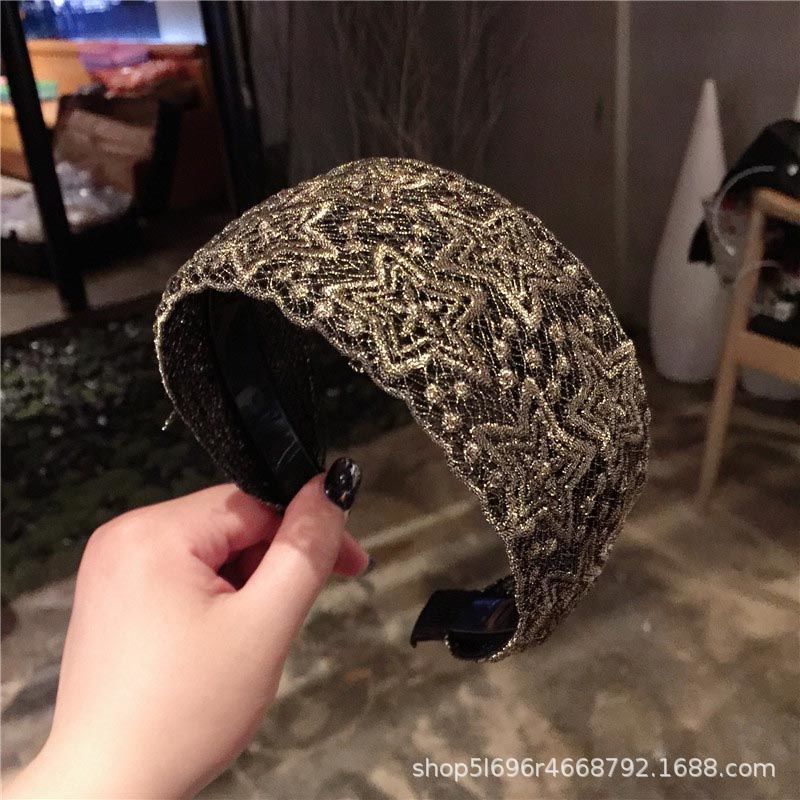 Generic Korean Style Lace Headband Covering White Hair Headwear Wide-brimmed Headband Headband Toothed Non-slip Pressed Hairpin Womens Internet Red Hair Accessories Five-star Gold 