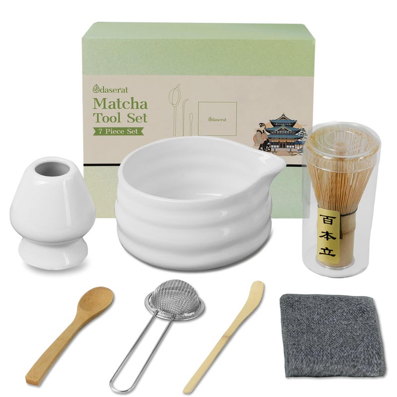 Matcha Whisk Set 7 Pcs Matcha Kit Premium Ceramic Matcha Set Whisk and Bowl Sifter Cup Holder Bamboo Scoop Tea Plucking Tea Towel Matcha Lovers White