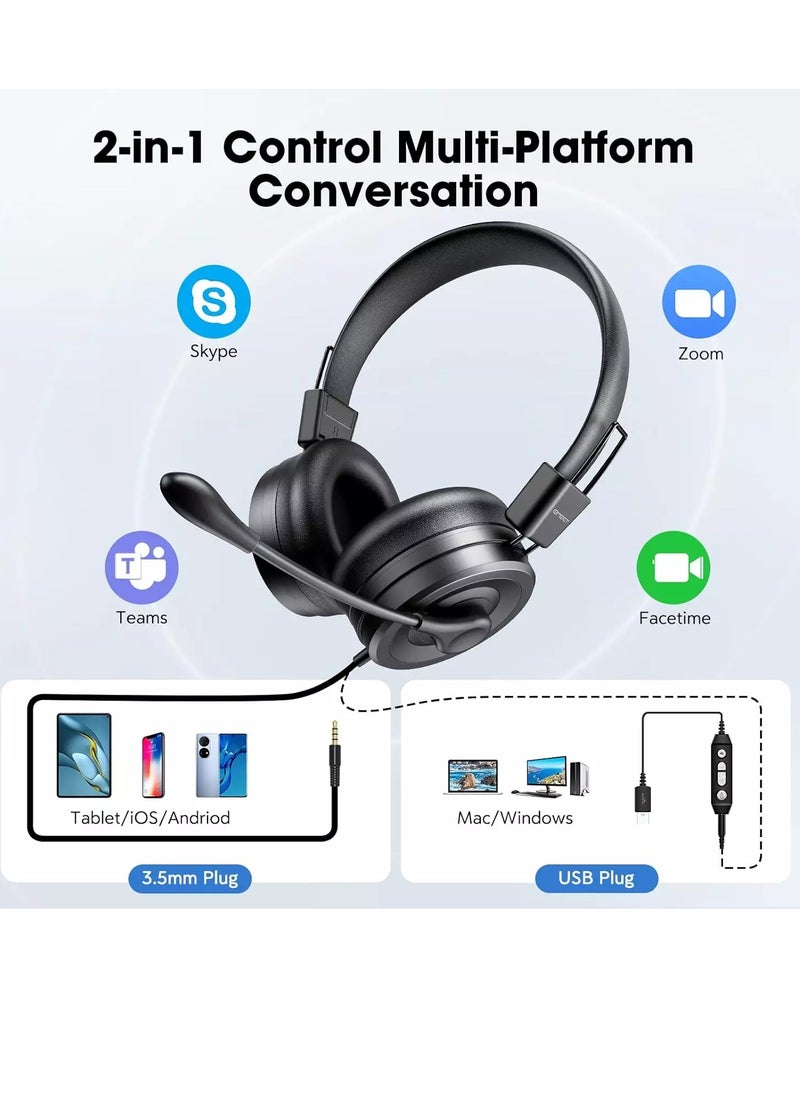 eMeet - HS20 USB Computer Headset with Microphone , Wired Office Headphones with 360° Omni-Directional Mic, USB/3.5mm Jack, in-Line Control, Mute Button, USB Headset for Skype/Call Center/PC/Phones Tablet - Image 1