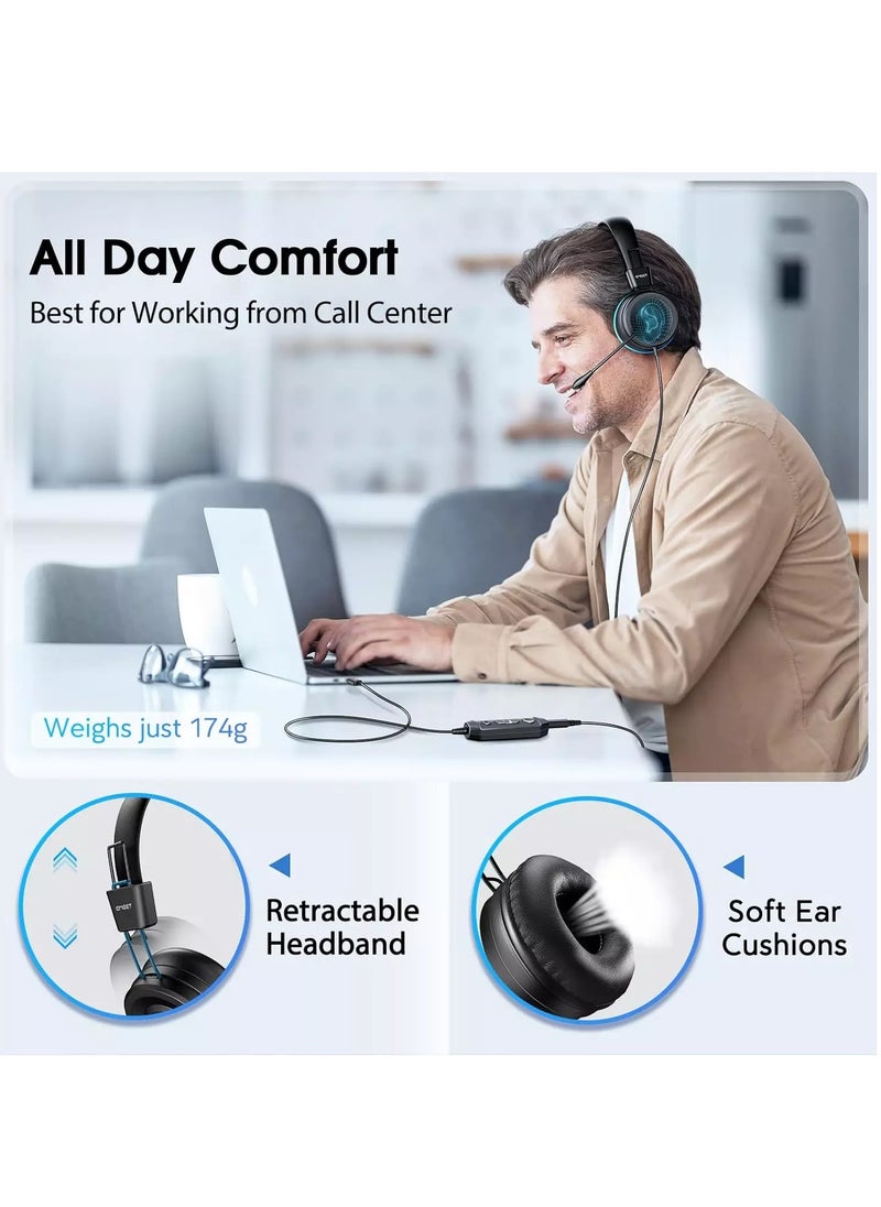 eMeet - HS20 USB Computer Headset with Microphone , Wired Office Headphones with 360° Omni-Directional Mic, USB/3.5mm Jack, in-Line Control, Mute Button, USB Headset for Skype/Call Center/PC/Phones Tablet - Image 1