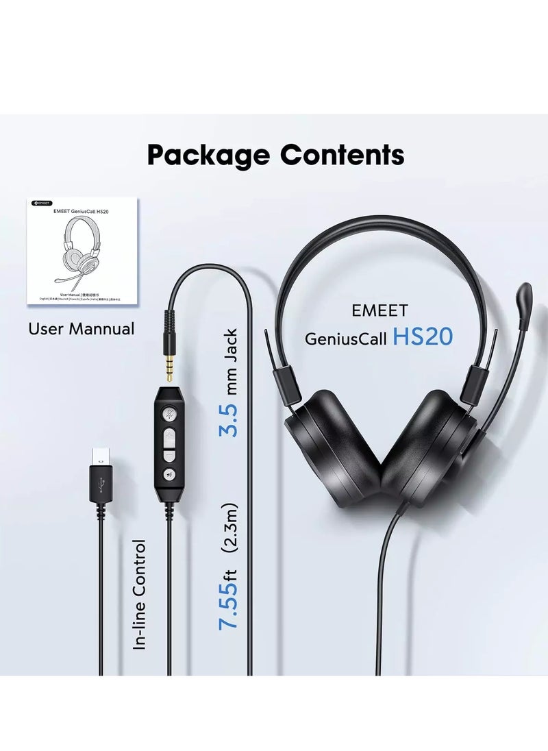 eMeet - HS20 USB Computer Headset with Microphone , Wired Office Headphones with 360° Omni-Directional Mic, USB/3.5mm Jack, in-Line Control, Mute Button, USB Headset for Skype/Call Center/PC/Phones Tablet - Image 1
