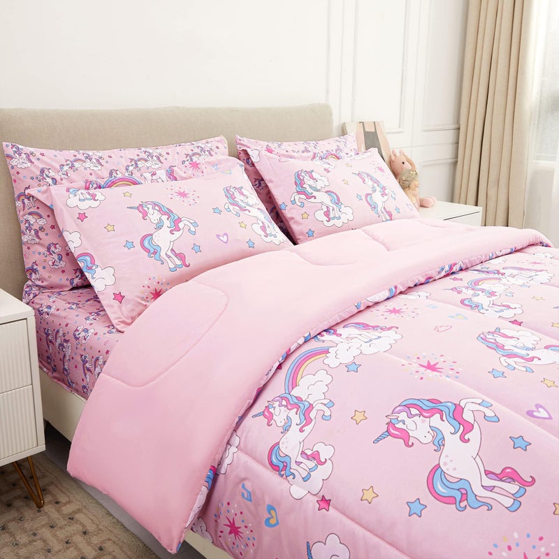 Mooreeke Kids Twin Comforter Sets for Girls 6 Pieces Pink Unicorn Bedding Set for Teens Soft Microfiber Kids Bed in A Bag with Comforter, Sheet Set, Shams and Decorative Toy Pillow All Season - Image 2